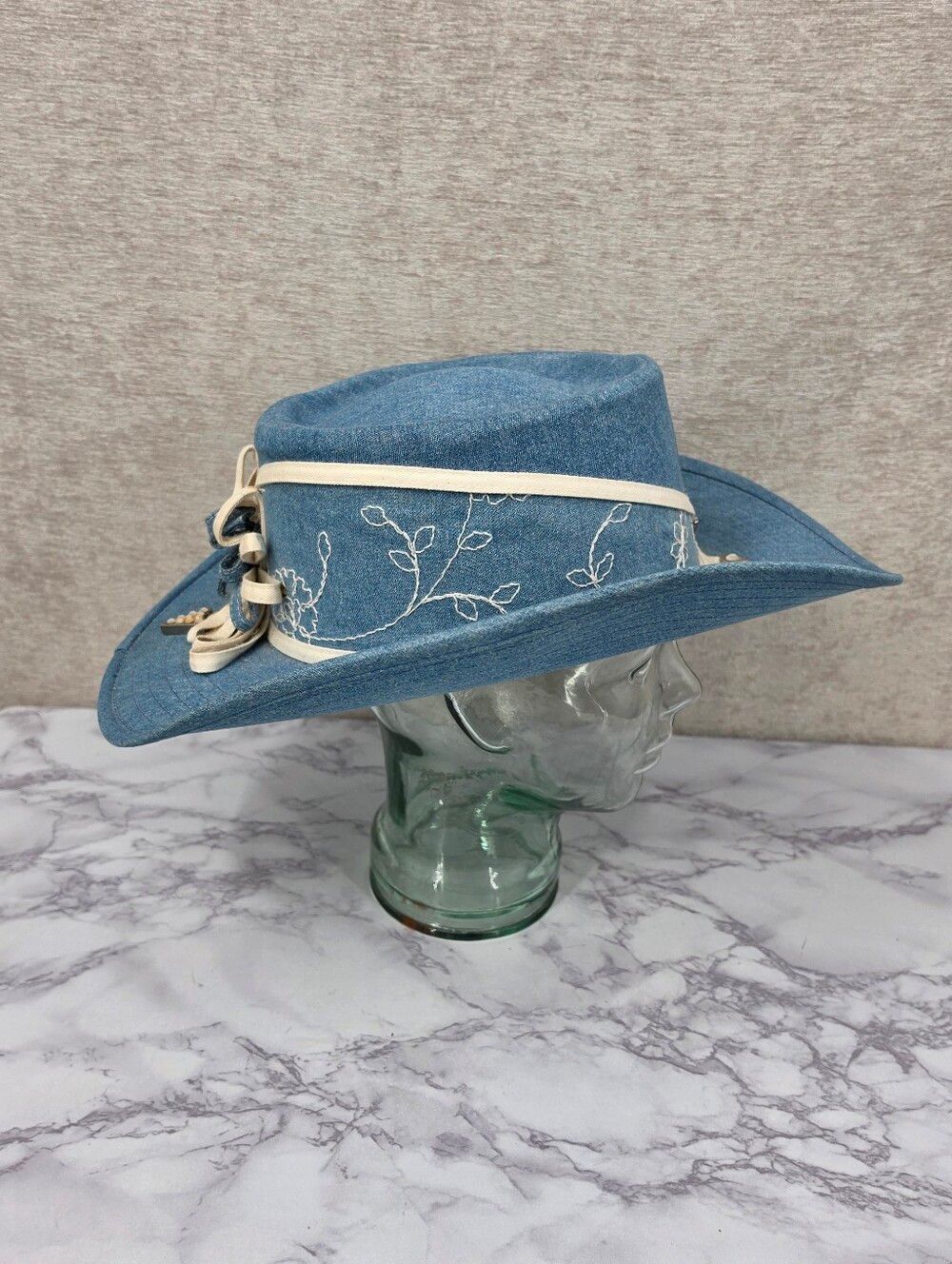 Vintage Blue Denim Embroidered Western Cowgirl Sun Hat Bow Rhinestones
